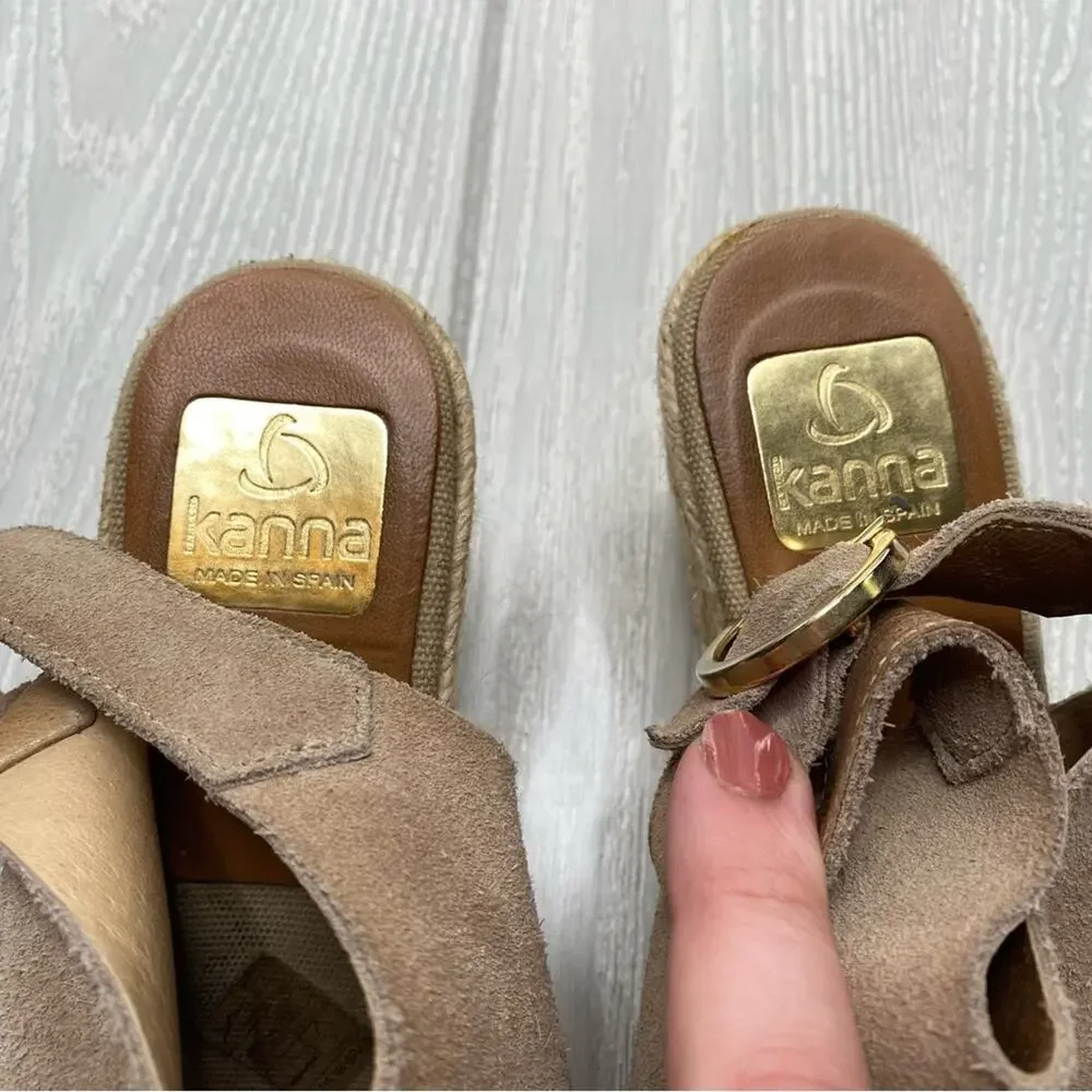 Kanna Tan Suede Leather Peep Toe Espadrille Wedges Size 7.5 EU 38